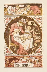 P harfiyle biten kafiyeli sözler. Bir çocuğu besleyen bir kadını gösteren bir illüstrasyon. Altın astar. by Walter Crane