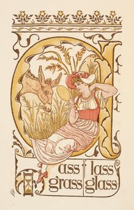 S harfiyle biten kafiyeli sözler. Elinde yüz aynası tutan bir kadın. Altın astar. by Walter Crane