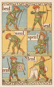 T harfiyle biten kafiyeli sözler. Ok ve yayı olan bir çocuk. Altın astar. by Walter Crane
