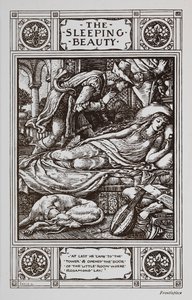 Uyuyan Güzel, uyuyan bir köpek ve bir müzik aleti ile çevrili uyurken, Beyaz Atlı Prens onu izliyor. by Walter Crane