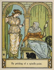 Uyuyan Güzel, elinde çıkrık ve iplik olan yaşlı bir kadının yanında duruyor. Altında siyah bir kedi oturuyor. by Walter Crane