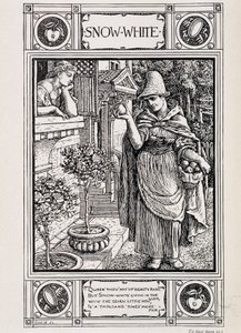 Pamuk Prenses ve elmasına bakan cadı - Almancadan Lucy Crane tarafından çevrilen “” Grimm Bros koleksiyonundan Ev Hikayeleri”nde, London mac millan & Co ltd by Walter Crane