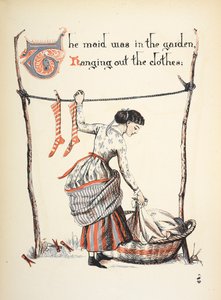 Hizmetçi bahçede kıyafetleri asıyordu. by Walter Crane