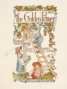 Altın astar için başlık sayfası. Bir çocuk merdivende ağaçtan elma topluyor. by Walter Crane