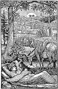 Robert Louis Stevenson tarafından yazılan Cevennes'de bir eşekle seyahatler (Cevennes'de bir eşekle seyahat eder). akşam, L'criveain dreves, bir gece molası sırasında, danesse Modestine'in yanında. Frontispice of the First English Edition ( by Walter Crane