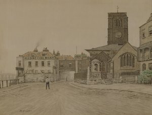 Alldins Coal Wharf ve Chelsea Old Church, Londra (kalem ve kağıt üzerinde yıkayın)
