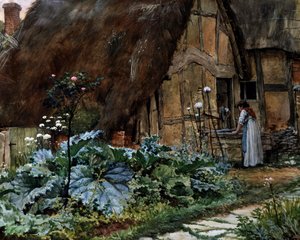 Kulübenin yanında. Bir ahırın penceresinde sohbet. Well Walter Langley (1852-1922 İngiliz) tarafından yapılmış resim Özel koleksiyon