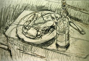 Istakoz ile Natürmort (kağıt üzerine tebeşir ve mürekkep) by Walter Richard Sickert