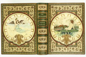 Kitap kapakları, su üzerinde bir bitki üzerinde bir bebek ve deniz tarağı şeklindeki paneller ve deniz yosunu sınırları içinde bir plajda bir kadınla bir bebek by Warwick Goble