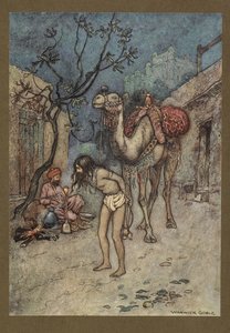 Plaka 16: "Deveci arabadan indi, olay yerinde deveyi ağaca bağladı ve tüttürmeye başladı."  Bengal Halk Masalları ... Warwick Goble