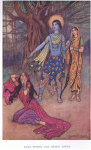 Rama iblis sevgilisini reddeder (renkli taş) by Warwick Goble