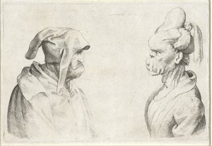 Disket şapkalı bir adam ve bağlı saçlı bir kadının deforme olmuş kafaları Varie figurae et probae (seri başlığı) Leonardo da Vinci