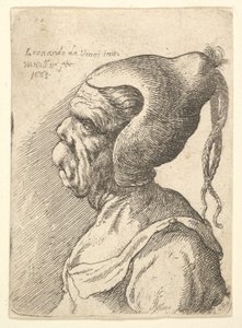 Konik şapkalı ve soldan profilde iki sarkık örgülü deforme olmuş bir kadın büstü, 1665. by Wenceslaus Hollar