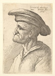 Alt dudağıyla birleşen burunlu, profilden geniş düz şapka takan yaşlı adam büstü...., 1665. by Wenceslaus Hollar
