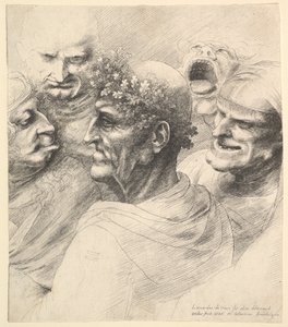 Meşe yaprağı çelenkli yaşlı bir adam da dahil olmak üzere beş grotesk kafa, 1646. by Wenceslaus Hollar