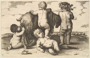 Dört erkek, genç bir satir ve bir keçi kopyası, 17. yüzyıl. by Wenceslaus Hollar