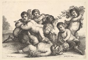 Dört erkek, iki satir ve bir keçi, 1654. by Wenceslaus Hollar