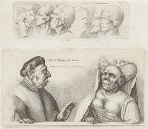 Çalışma kafalı friz / Tunus kral ve kraliçesinin karikatürleri Rex et Regina de Tunis (nesne üzerindeki başlık) Varie figurae et probae (dizi başlığı) Leonardo da Vinci'den sonra karikatürler, kafalar ve deformiteler (dizi başlığı)