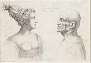 Türbanlı kel bir adam ve kadının başları Varie figurae et probae (seri başlığı) Leonardo da Vinci