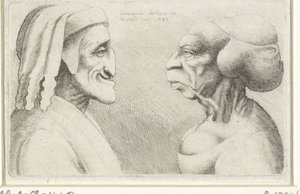 Şapkalı bir adamın (Dante?) ve bir kadının deforme olmuş karikatür kafaları Varie figurae et probae (seri başlığı) Leonardo da Vinci