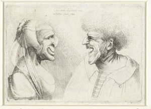 Baş şapkalı gülümseyen bir erkek ve kadının deforme olmuş kafaları Varie figurae et probae (seri başlığı) Leonardo da Vinci