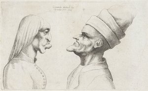 Düz saçlı bir kadının ve çift kenarlı şapkalı bir adamın deforme olmuş kafaları Varie figurae et probae (seri başlığı) Leonardo da Vinci