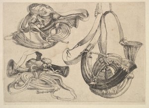 Üç grupta yedi av boynuzu, 1625-77. by Wenceslaus Hollar
