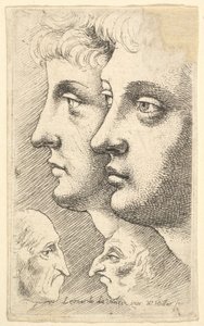 Aşağıda birbirine bakan iki grotesk kafa ile profilden sola doğru iki genç, 1625-77. by Wenceslaus Hollar