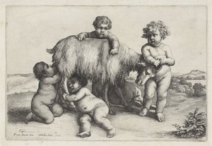 Dört erkek, satir ve sağda duran bir keçi Putti ve Satyrs (dizi başlığı) by Wenceslaus Hollar