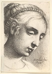 Saçında inci dizisi olan kadın, aşağı doğru sağa bakıyor, 1645. by Wenceslaus Hollar