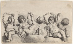 Üç Kerub ve İki Oğlan Bulutların Üzerinde Bir Kol Kaldırıyor by Wenceslaus Hollar, after Peeter van Avont