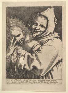 Parmaklarının arasından bakan bir kızla aptal. by Werner Jacobsz. van den Valckert