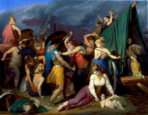 Cimbri kadınları vagon kalelerini Romalılara karşı savunurken by Wilhelm Lindenschmit der Ältere