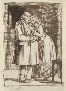 Silezyalı karısı Bir kadın, acilen yaşlı kocasıyla konuşuyor ve kollarını onun boynuna dolamış. by Wilhelm Marstrand