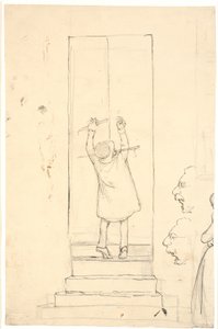 Küçük bir adam bir kapıyı çarparak açmak için parmak uçlarında duruyor. Profillerin ve kadının çizikleri by Wilhelm Marstrand