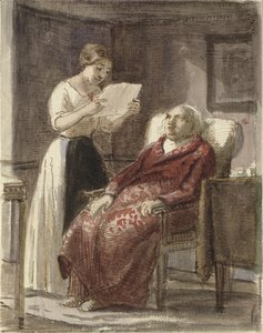 Genç bir kız, kırmızı sabahlık giymiş yaşlı bir adama yüksek sesle bir mektup okur. by Wilhelm Marstrand