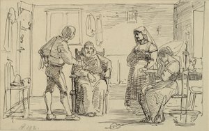 Genç bir adamın oturmuş bir keşişe bir şey açıkladığı iç mekan, ör. ağlayan kız ve yaşlı karısı by Wilhelm Marstrand