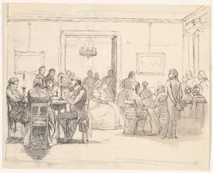 Kopenhag şirket sahnesi, t.v. kart oyuncuları, t.h. oradaki müzisyenler by Wilhelm Marstrand