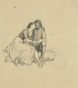 Bir ağaç gövdesi üzerinde oturan ulusal kostümler içinde sevgi dolu çift by Wilhelm Marstrand