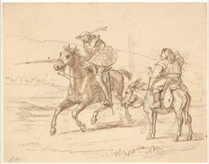 Sancho izlerken, Don Kişot saldırıya geçer by Wilhelm Marstrand