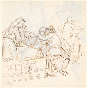 Osteriscene, ön planda, oturmuş bir çift öpüşüyor by Wilhelm Marstrand