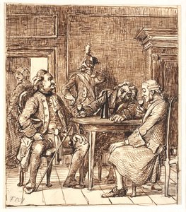 Doğumevinin Sahnesi. Corfitz, memur ve Jens Olsen ile gergedan şarabı içiyor by Wilhelm Marstrand