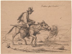 "İdealin peşinde". İtalyan eşek binicisi, burnu için bir direğe saman çırpma teli tutarak hayvanı ileriye doğru itiyor. by Wilhelm Marstrand