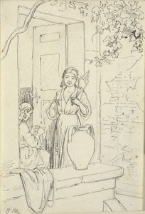 Bir kapıda iki İtalyan kadın, biri onlu by Wilhelm Marstrand