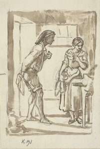 Genç balıkçı, genç bir kızın kapısına basıyor. by Wilhelm Marstrand