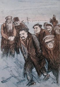 Leon Troçki'nin (1879-1940) Sibirya'daki karikatürü, 'Simplissimus' dergisinden, Ocak 1928 (renkli lito)