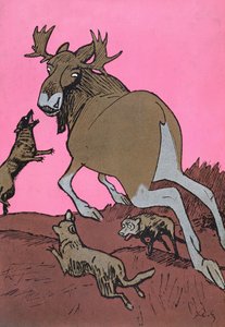 'Finis Finnlandiae', Finlandiya (geyik olarak temsil edilir) Rusya tarafından saldırıya uğrar (bir kurt sürüsü olarak temsil edilir), 'Simplicissimus' dergisinden karikatür