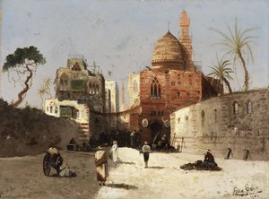 Turkish: Bir cami, minare ve bir ön avluda tüccarlar ile Doğu sokak sahnesi. by Wilhelm Sohn