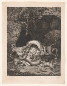 Aslan ve dişi aslan yavrularını yılandan korur by Wilhelm Tischbein