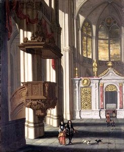 Zarif figürlerle kilise içi (panelde yağlı boya)